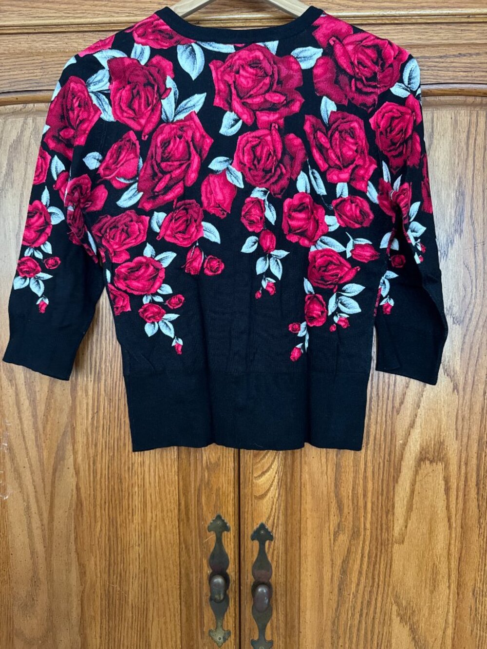 White House Black Market Black Cardigan with Red Rose Print image 2